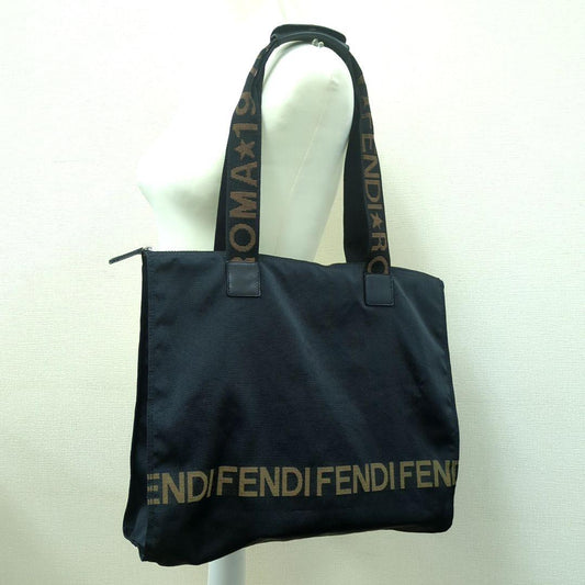 FENDI Vintage Nylon Tote Bag Black Brown Logo Large Made in Italy