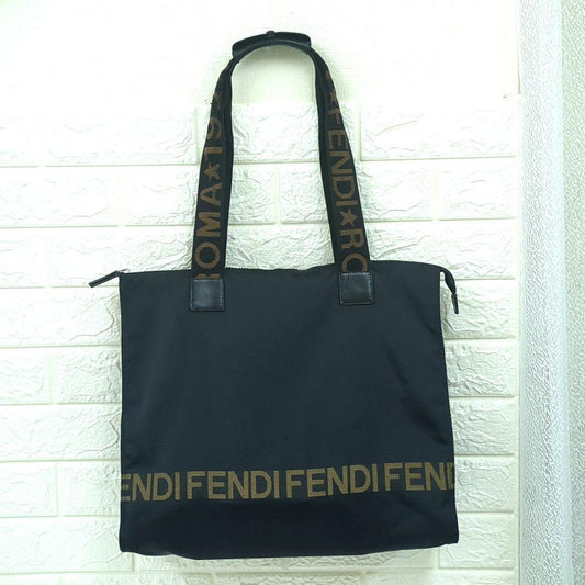 FENDI Vintage Nylon Tote Bag Black Brown Logo Large Made in Italy
