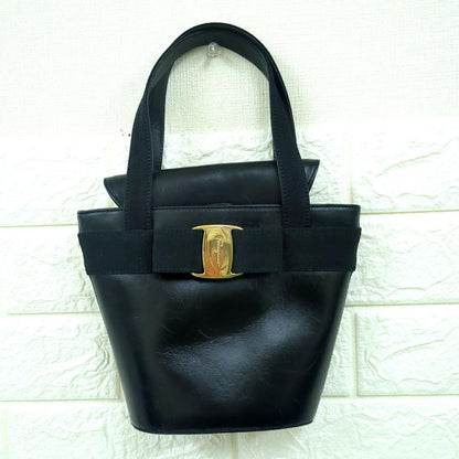 Salvatore Ferragamo Vara Bow Leather Handbag Black Gold Hardware Made in Italy