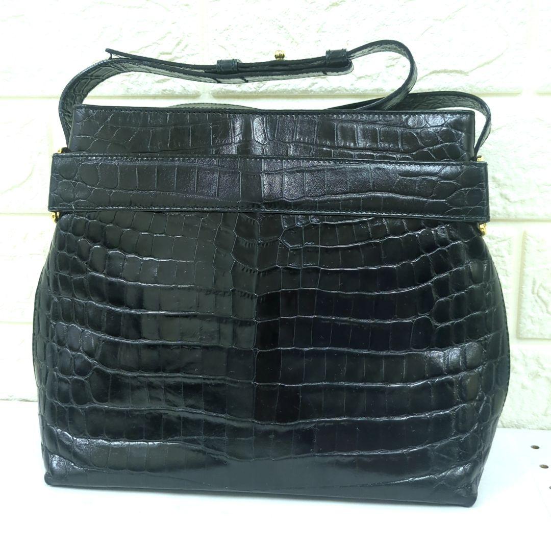 Salvatore Ferragamo Vintage Croc-Embossed Leather Shoulder Bag Black Made in Italy