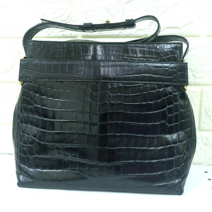 Salvatore Ferragamo Vintage Croc-Embossed Leather Shoulder Bag Black Made in Italy