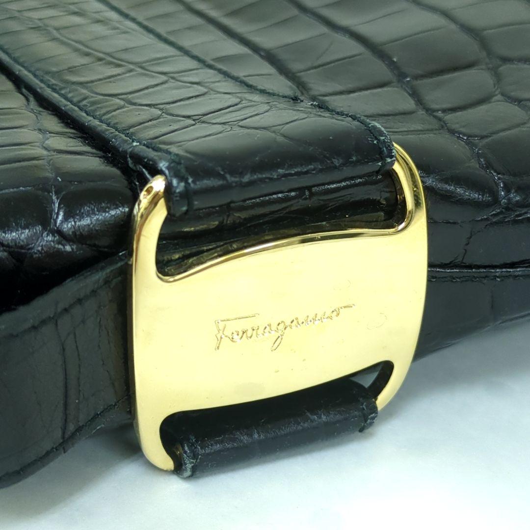 Salvatore Ferragamo Vintage Croc-Embossed Leather Shoulder Bag Black Made in Italy