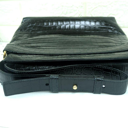 Salvatore Ferragamo Vintage Croc-Embossed Leather Shoulder Bag Black Made in Italy