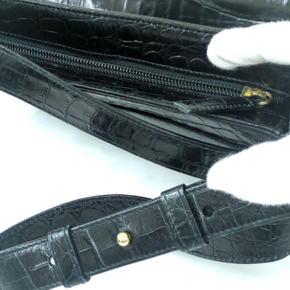 Salvatore Ferragamo Vintage Croc-Embossed Leather Shoulder Bag Black Made in Italy