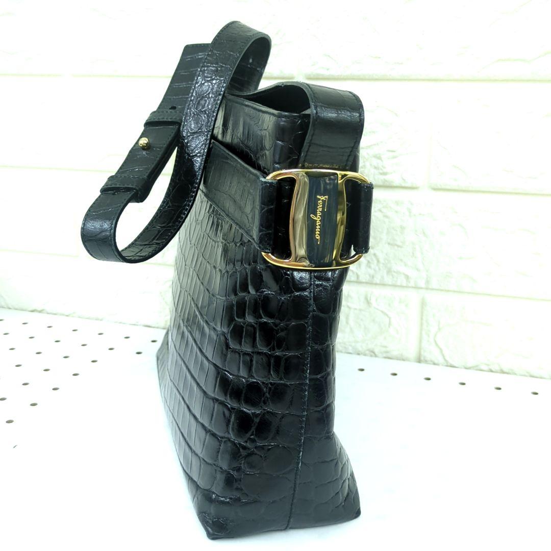 Salvatore Ferragamo Vintage Croc-Embossed Leather Shoulder Bag Black Made in Italy