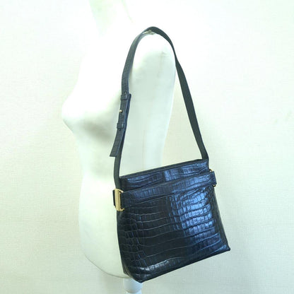 Salvatore Ferragamo Vintage Croc-Embossed Leather Shoulder Bag Black Made in Italy