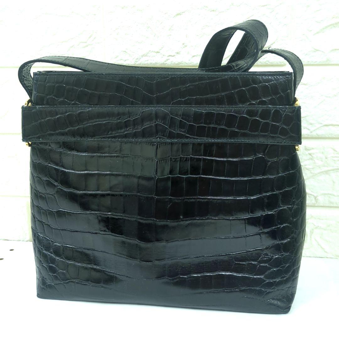 Salvatore Ferragamo Vintage Croc-Embossed Leather Shoulder Bag Black Made in Italy