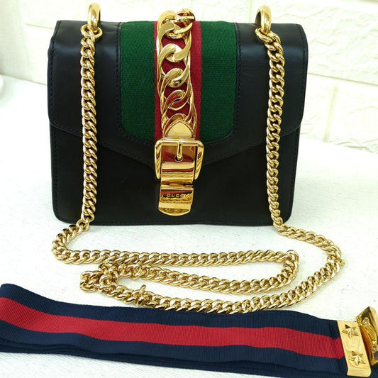 GUCCI Sylvie Mini Chain Shoulder Bag Black Leather Made in Italy