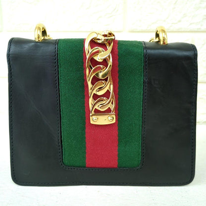GUCCI Sylvie Mini Chain Shoulder Bag Black Leather Made in Italy