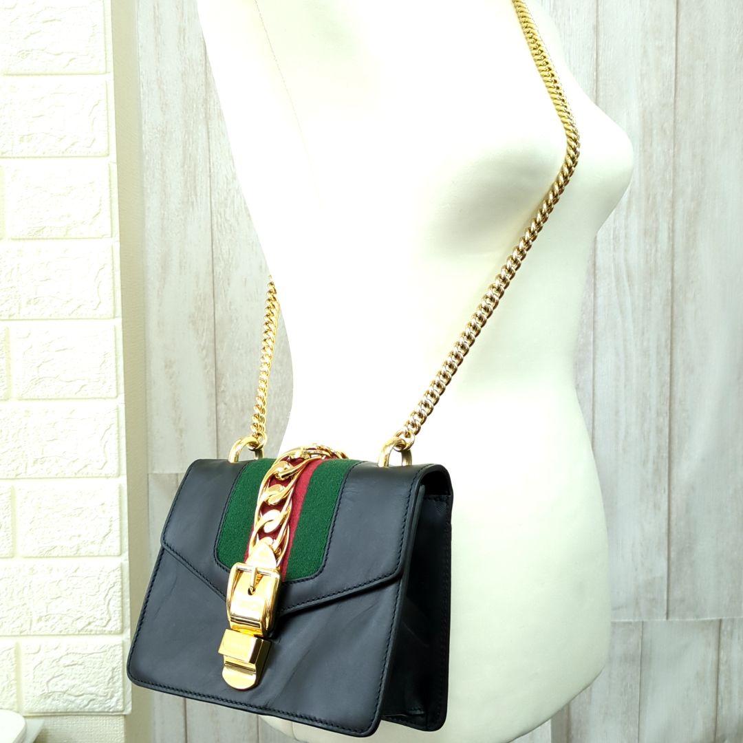 GUCCI Sylvie Mini Chain Shoulder Bag Black Leather Made in Italy