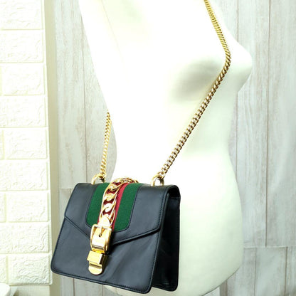 GUCCI Sylvie Mini Chain Shoulder Bag Black Leather Made in Italy