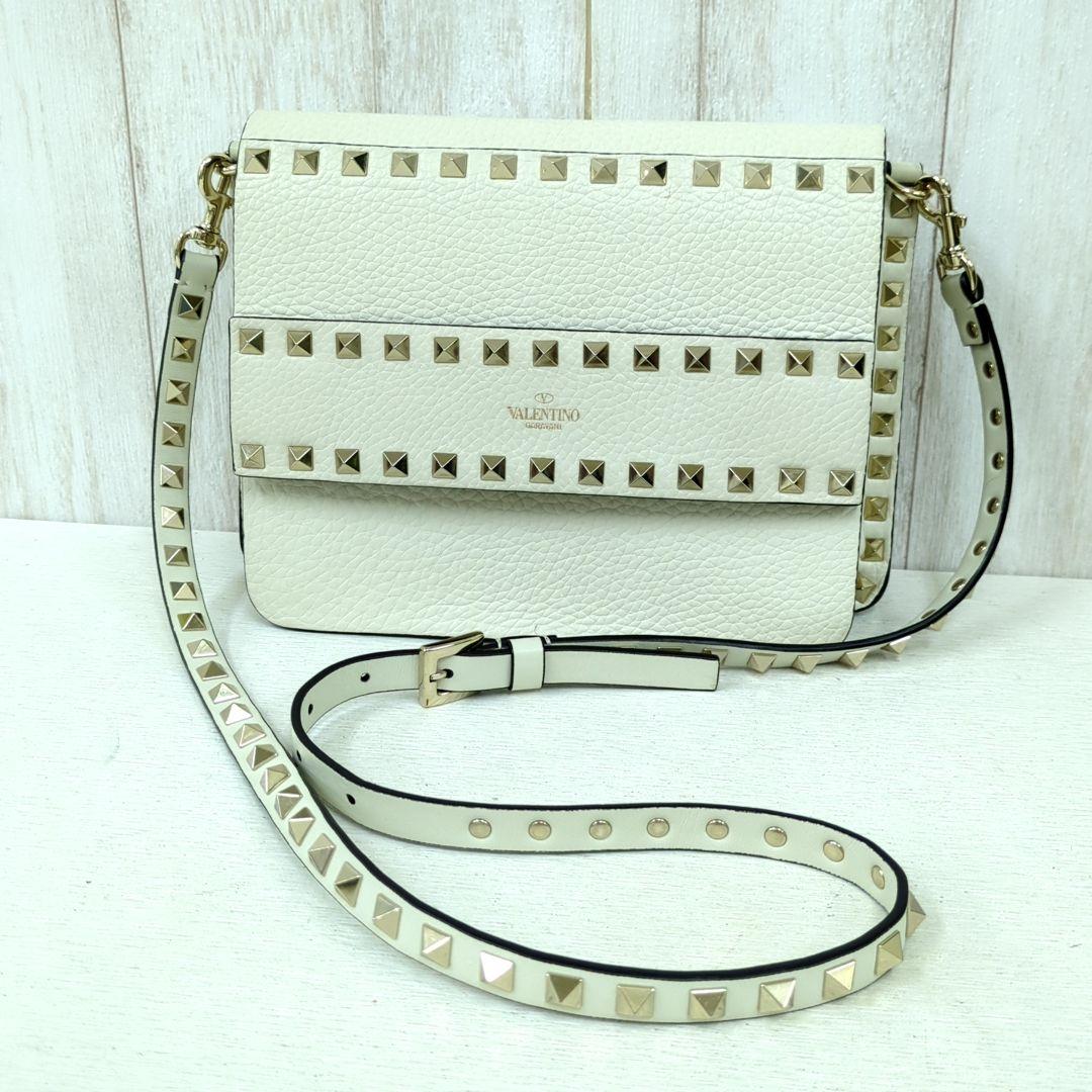 VALENTINO GARAVANI Rockstud Leather Shoulder Bag Ivory Gold Studs Made in Italy