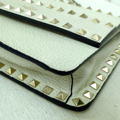 VALENTINO GARAVANI Rockstud Leather Shoulder Bag Ivory Gold Studs Made in Italy