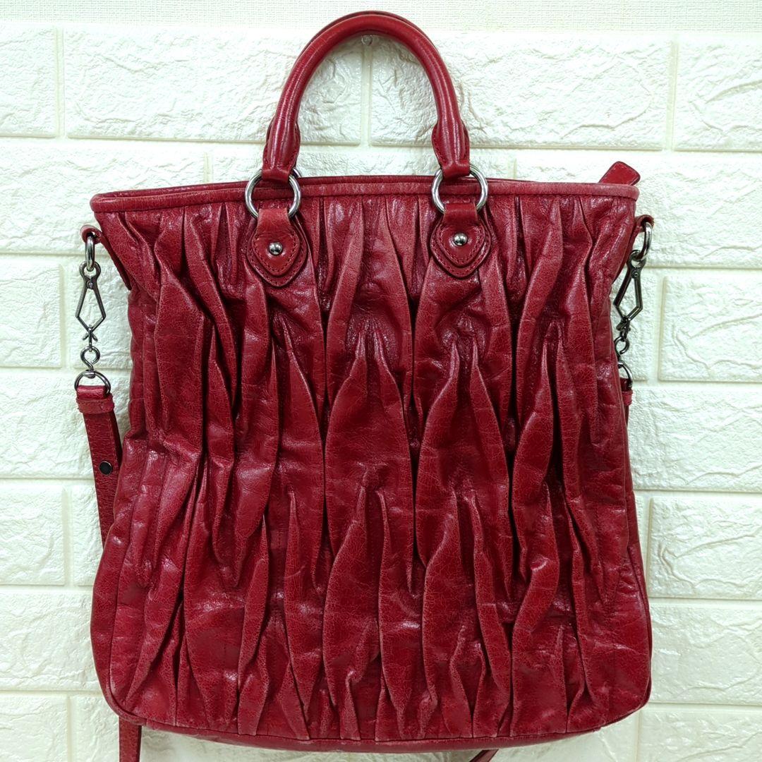MIU MIU Matelassé 2-Way Leather Handbag Shoulder Bag Red Made in Turkey