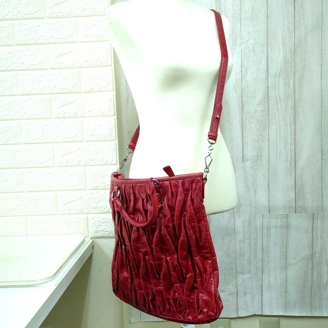 MIU MIU Matelassé 2-Way Leather Handbag Shoulder Bag Red Made in Turkey