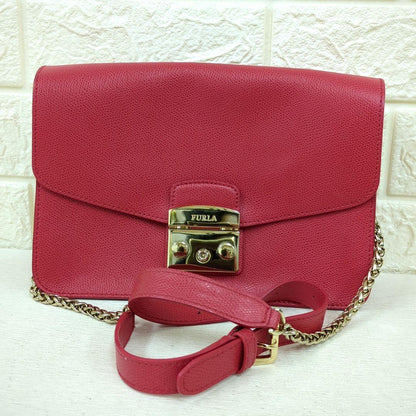 FURLA Metropolis Leather Chain Shoulder Bag Deep Pink Gold Hardware Made in Italy